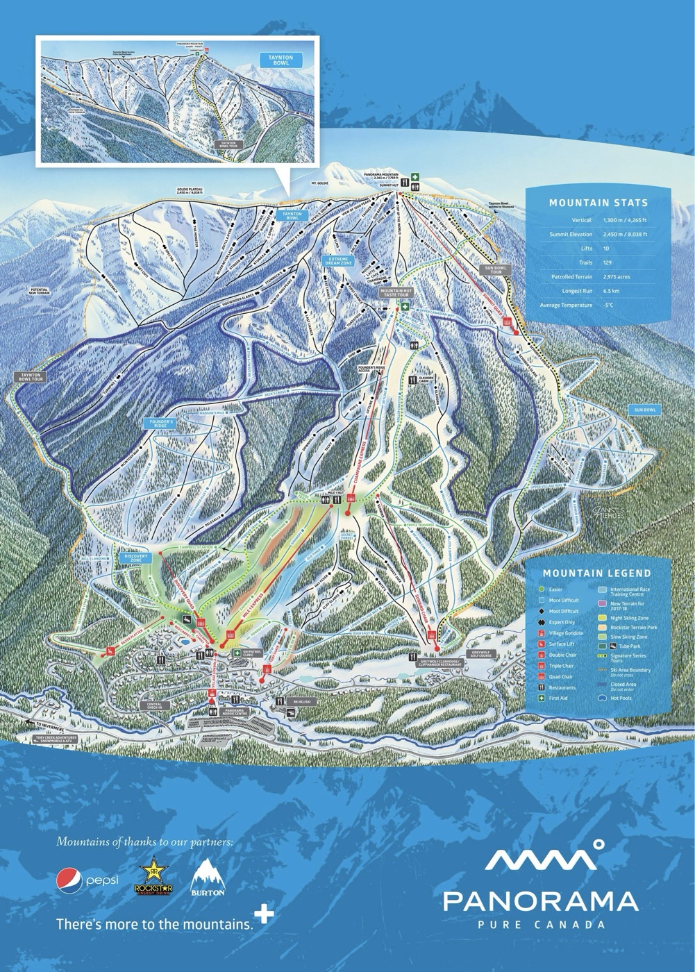 Official piste map for Panorama, showing lifts, runs graded easy, intermediate and difficult, and mountain restaurants across the ski area.
