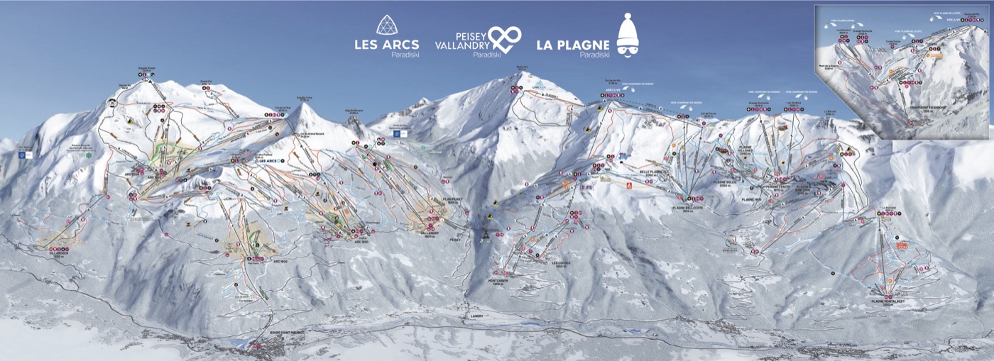 Official piste map for Paradiski, showing lifts, runs graded easy, intermediate and difficult, and mountain restaurants across the ski area.
