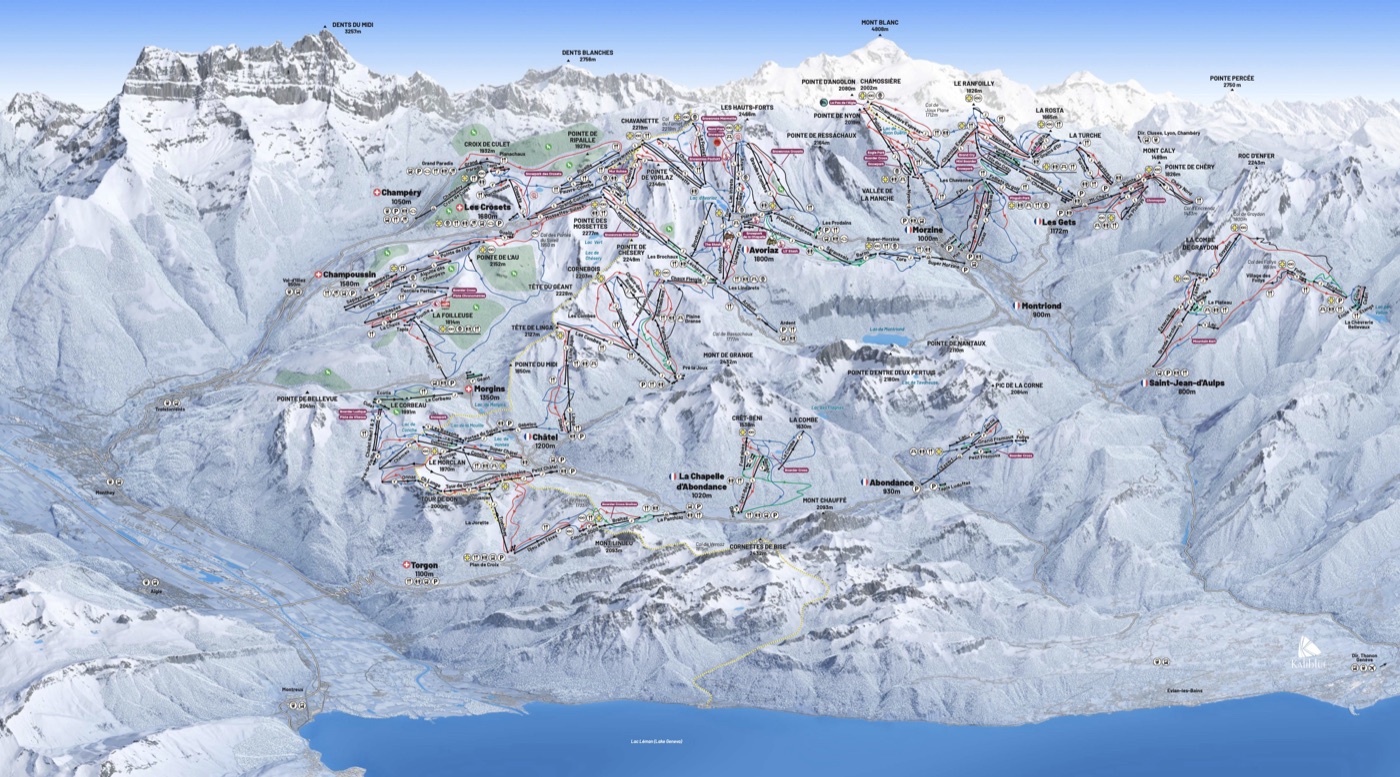 Official piste map for Les Portes du Soleil, showing lifts, runs graded easy, intermediate and difficult, and mountain restaurants across the ski area.