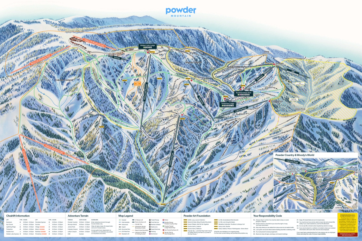 Official piste map for Powder Mountain, showing lifts, runs graded easy, intermediate and difficult, and mountain restaurants across the ski area.