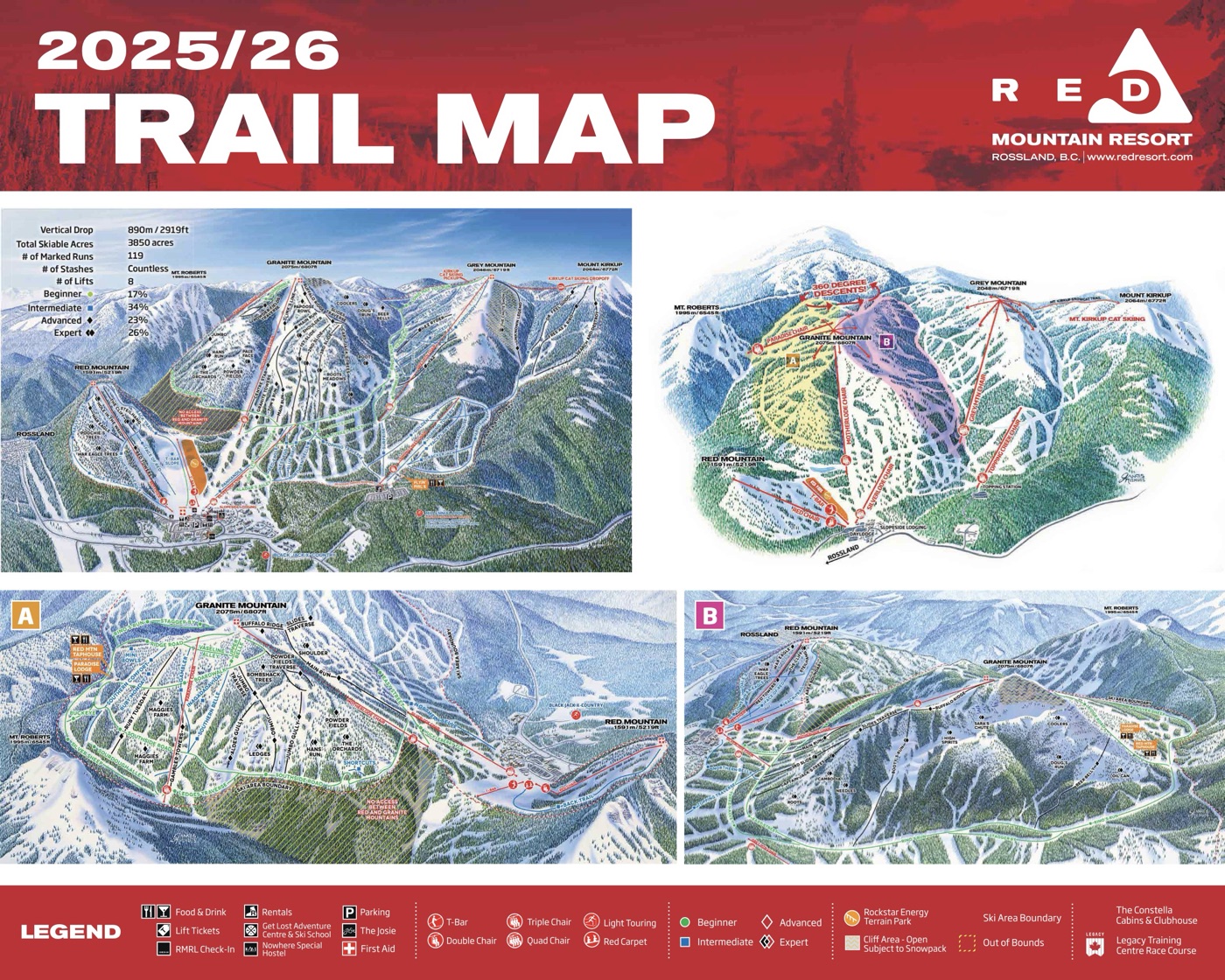 Official piste map for RED Mountain Resort, showing lifts, runs graded easy, intermediate and difficult, and mountain restaurants across the ski area.
