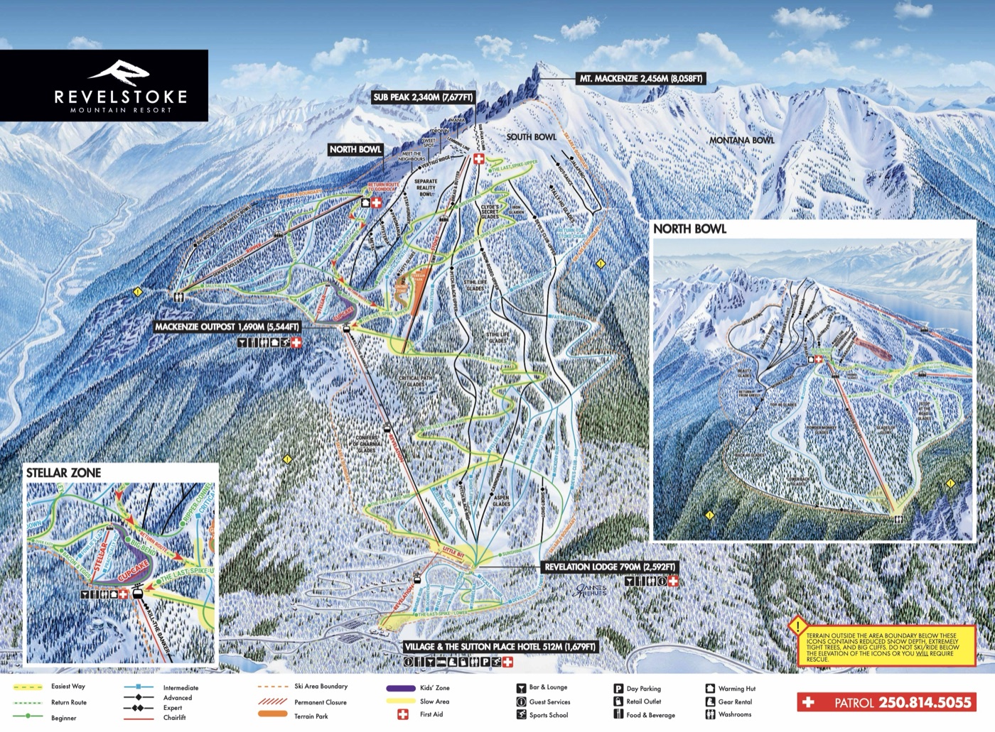 Official piste map for Revelstoke Mountain Resort, showing lifts, runs graded easy, intermediate and difficult, and mountain restaurants across the ski area.