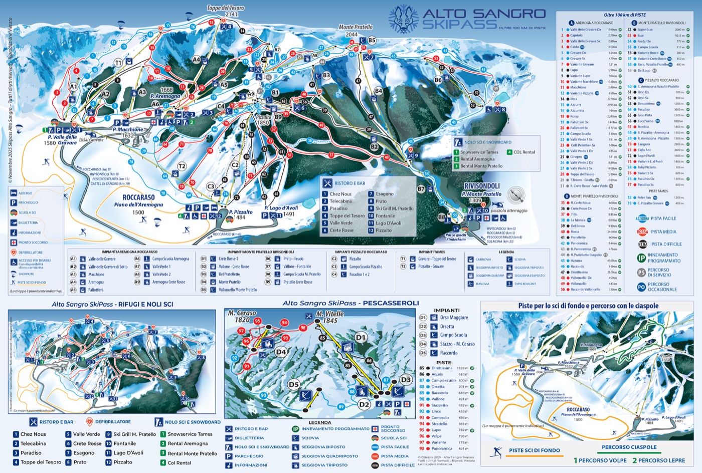 Official piste map for Roccaraso - Rivisondoli, showing lifts, runs graded easy, intermediate and difficult, and mountain restaurants across the ski area.