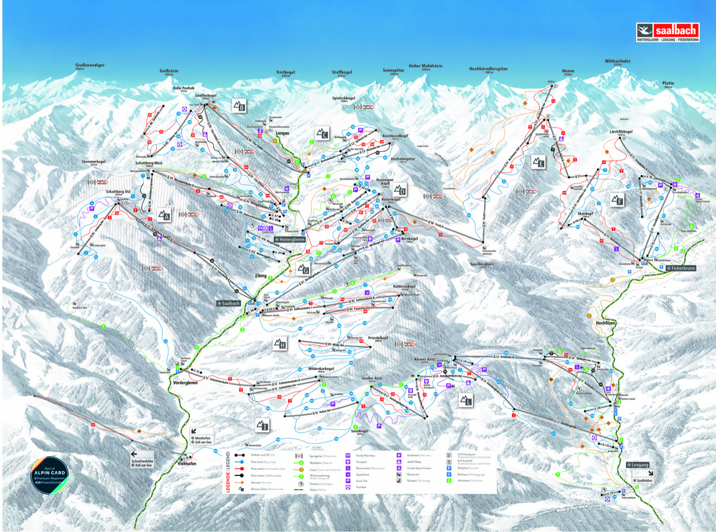 Official piste map for Skicircus Saalbach Hinterglemm Leogang Fieberbrunn, showing lifts, runs graded easy, intermediate and difficult, and mountain restaurants across the ski area.