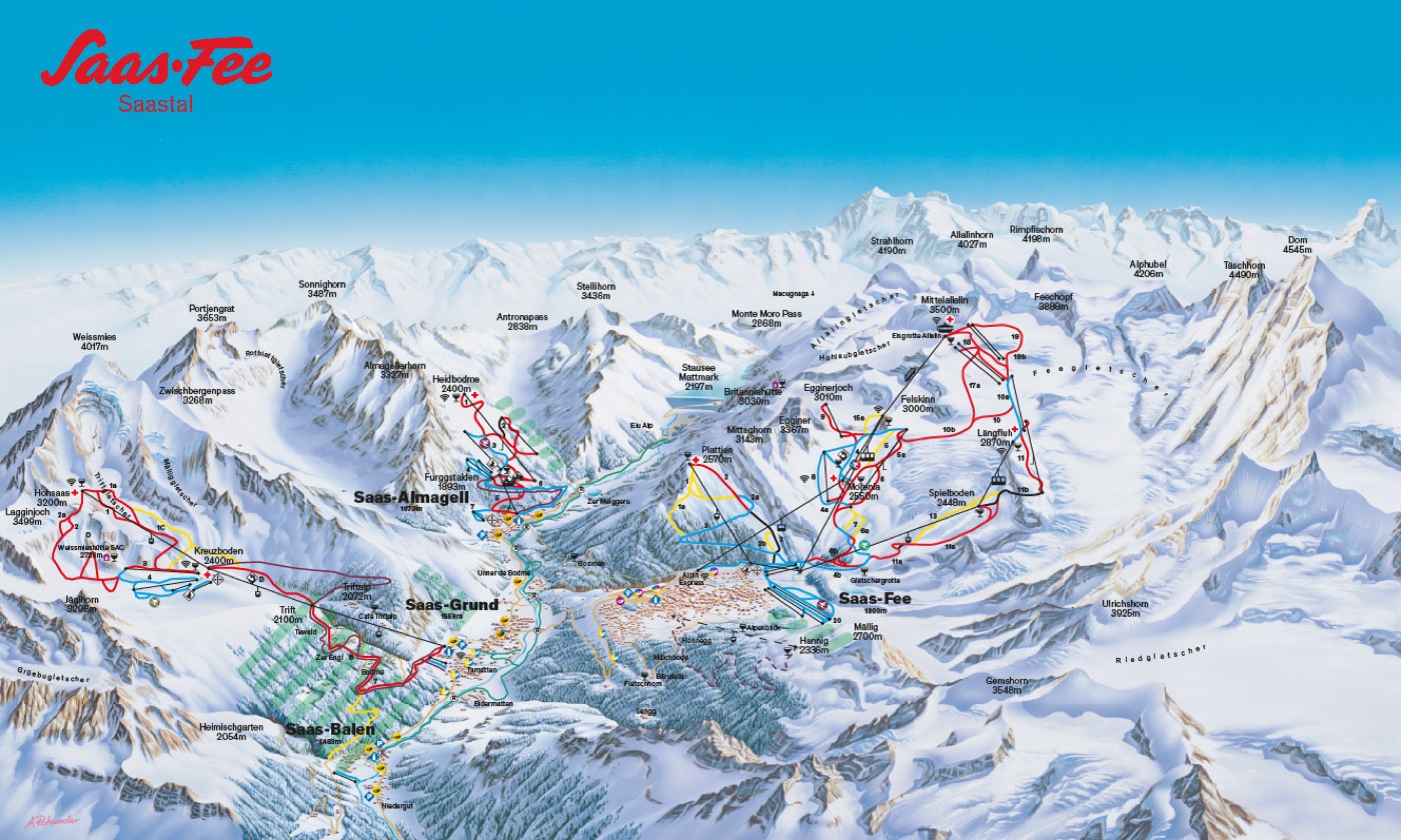 Official piste map for Saas-Fee, showing lifts, runs graded easy, intermediate and difficult, and mountain restaurants across the ski area.