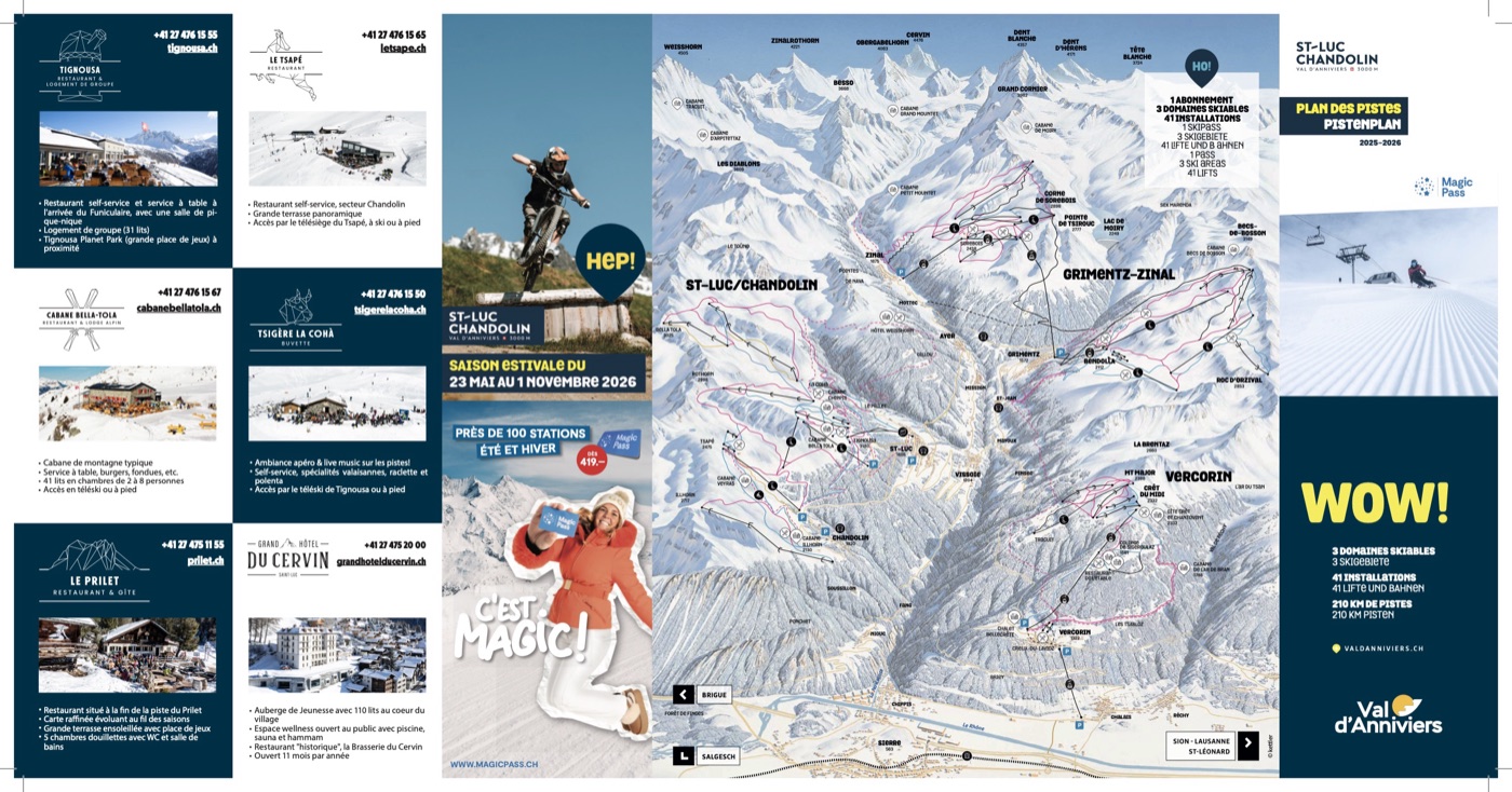 Official piste map for St-Luc/Chandolin, showing lifts, runs graded easy, intermediate and difficult, and mountain restaurants across the ski area.
