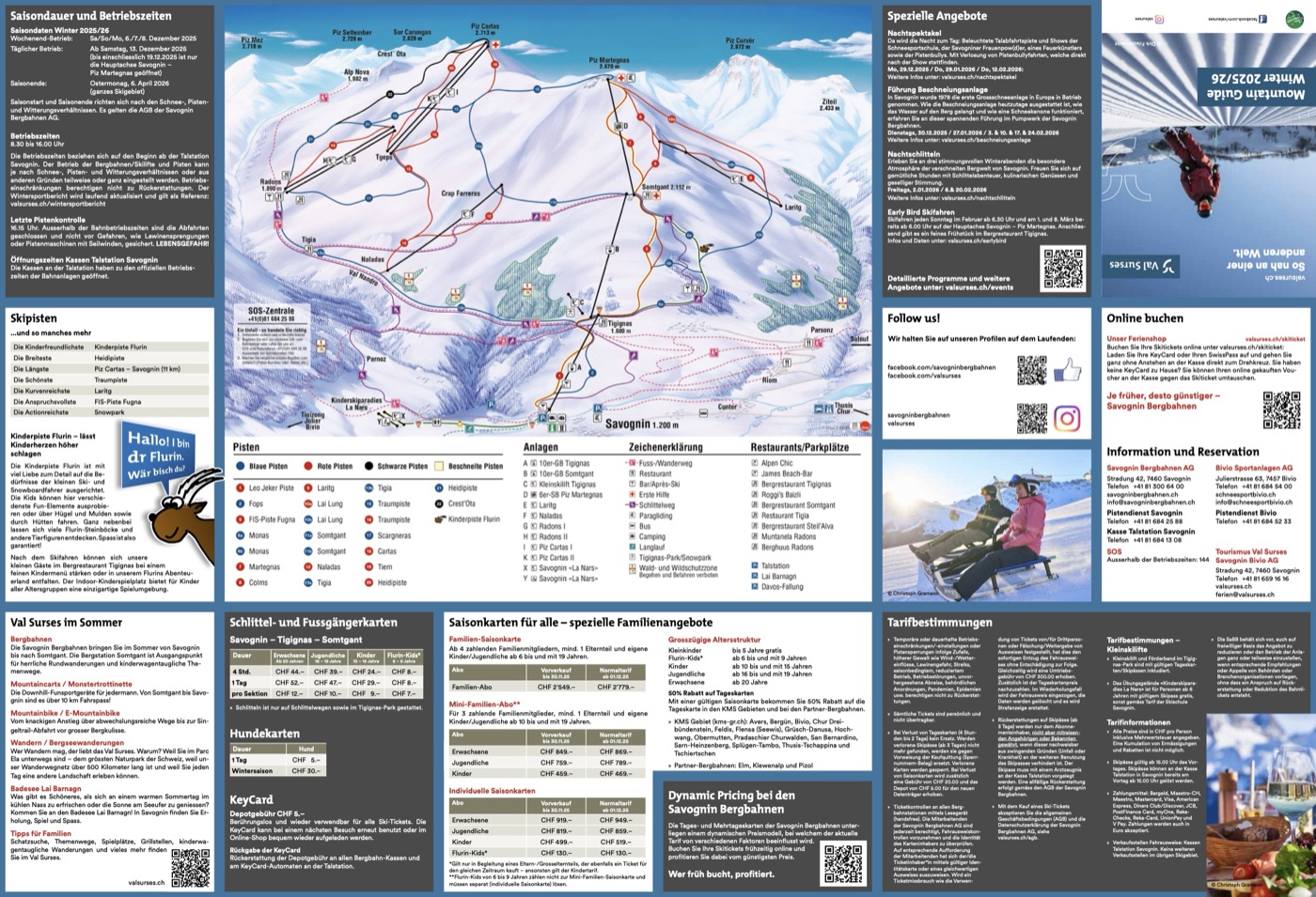 Official piste map for Savognin, showing lifts, runs graded easy, intermediate and difficult, and mountain restaurants across the ski area.