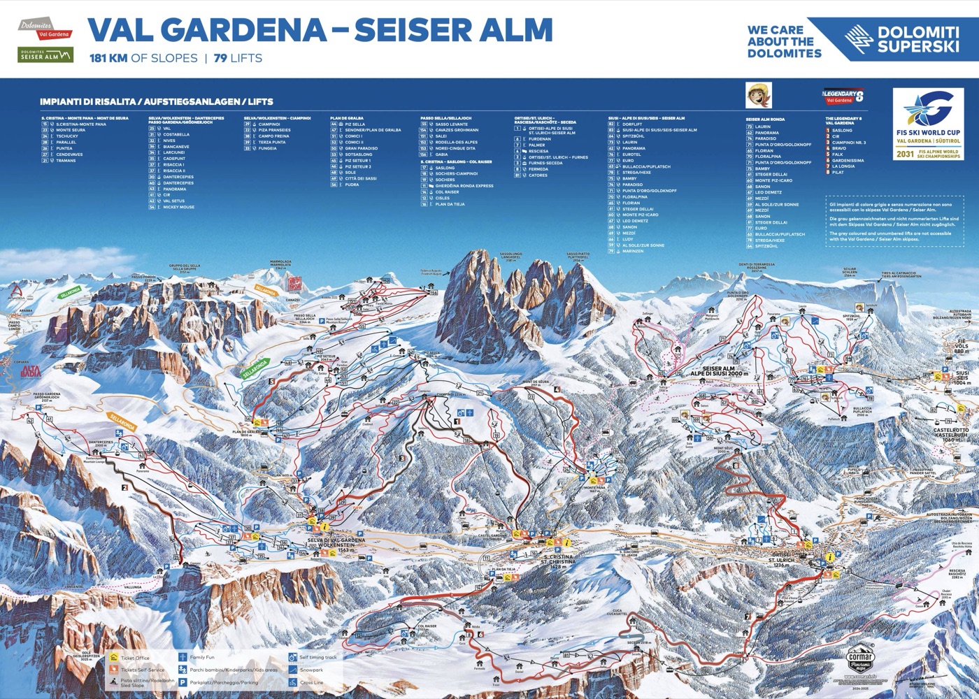 Official piste map for Sellaronda, showing lifts, runs graded easy, intermediate and difficult, and mountain restaurants across the ski area.
