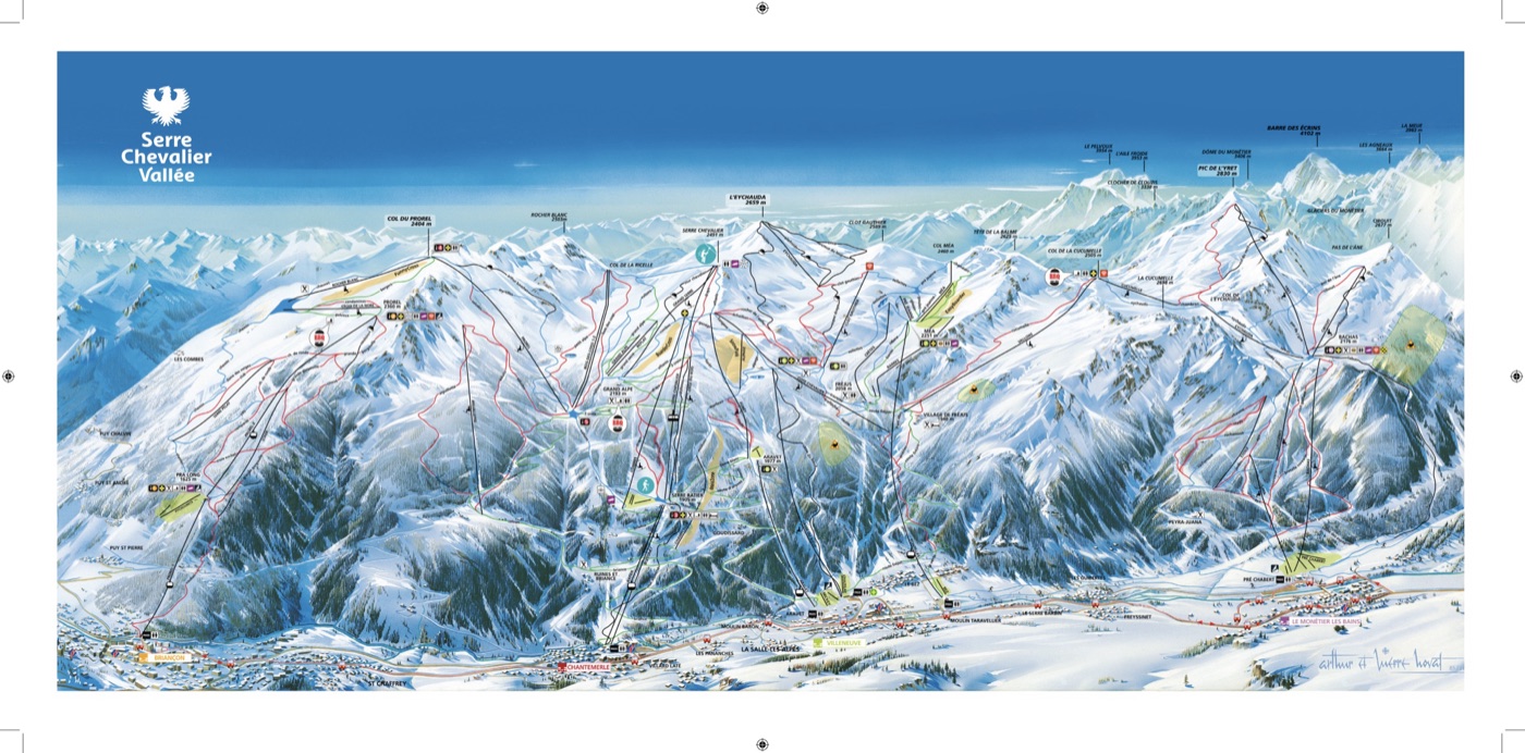Official piste map for Serre Chevalier Vallée, showing lifts, runs graded easy, intermediate and difficult, and mountain restaurants across the ski area.