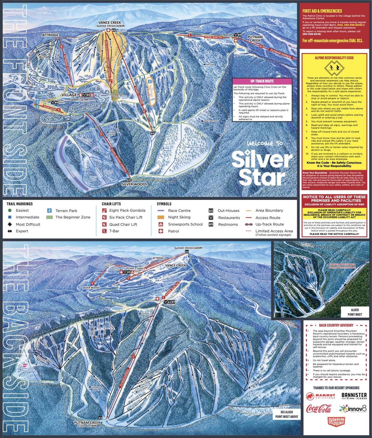 Official piste map for Silver Star, showing lifts, runs graded easy, intermediate and difficult, and mountain restaurants across the ski area.