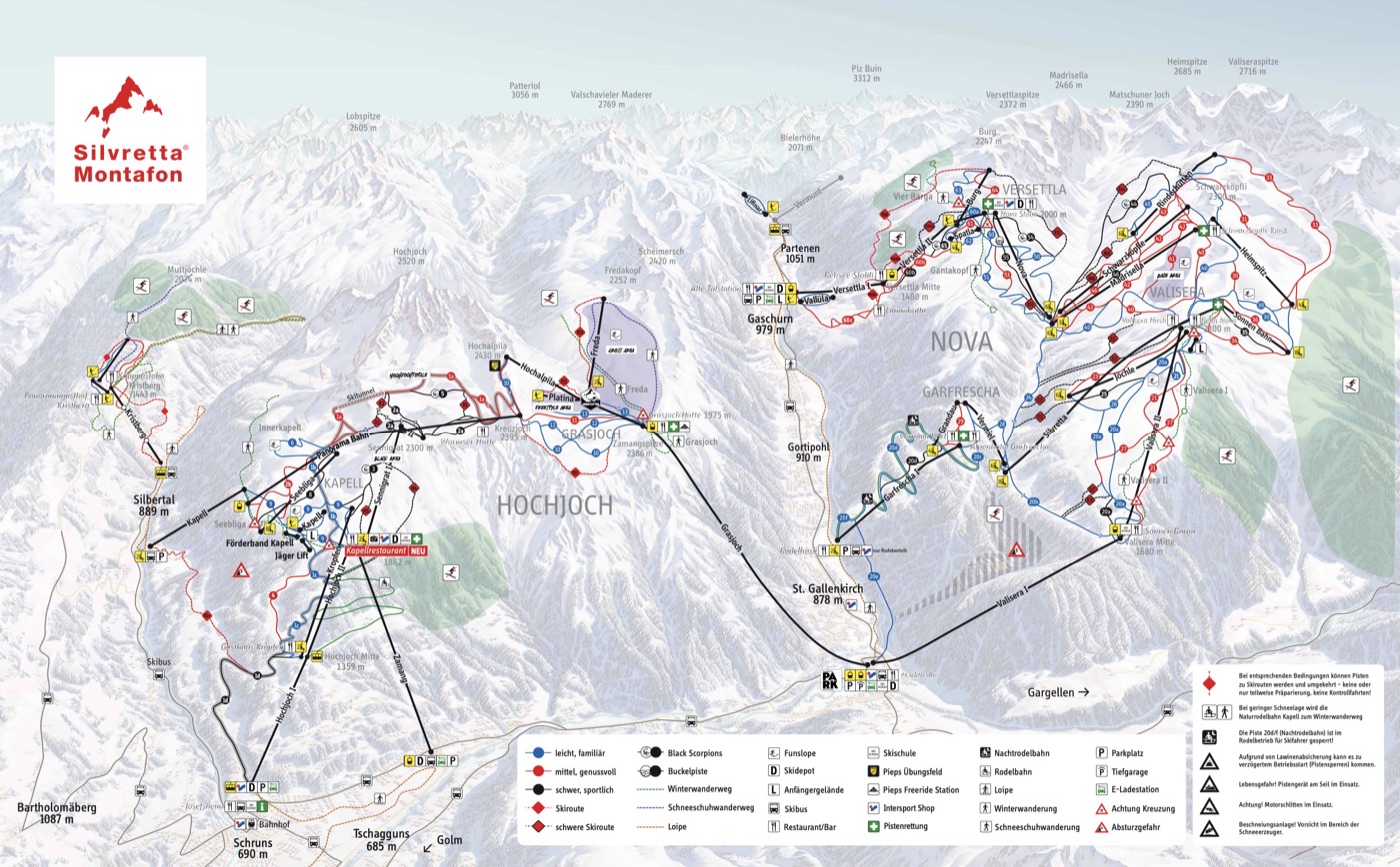 Official piste map for Silvretta Montafon, showing lifts, runs graded easy, intermediate and difficult, and mountain restaurants across the ski area.