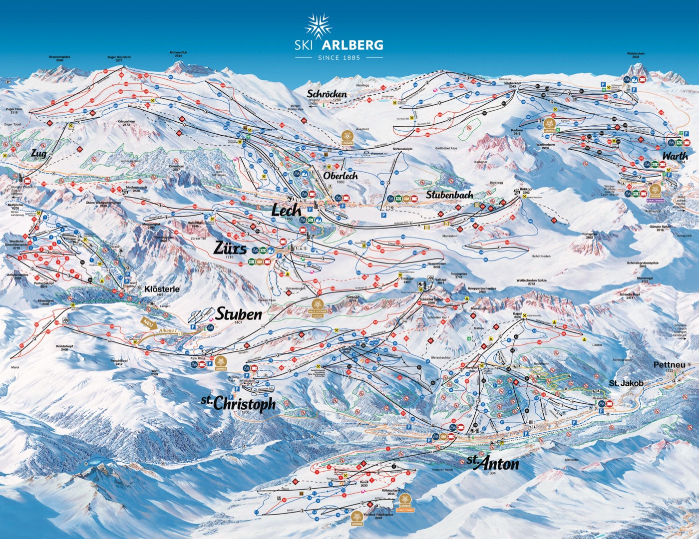 Official piste map for Ski Arlberg, showing lifts, runs graded easy, intermediate and difficult, and mountain restaurants across the ski area.
