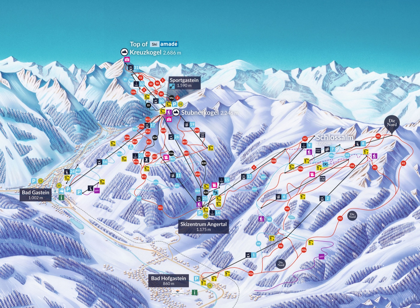Official piste map for Ski Gastein, showing lifts, runs graded easy, intermediate and difficult, and mountain restaurants across the ski area.