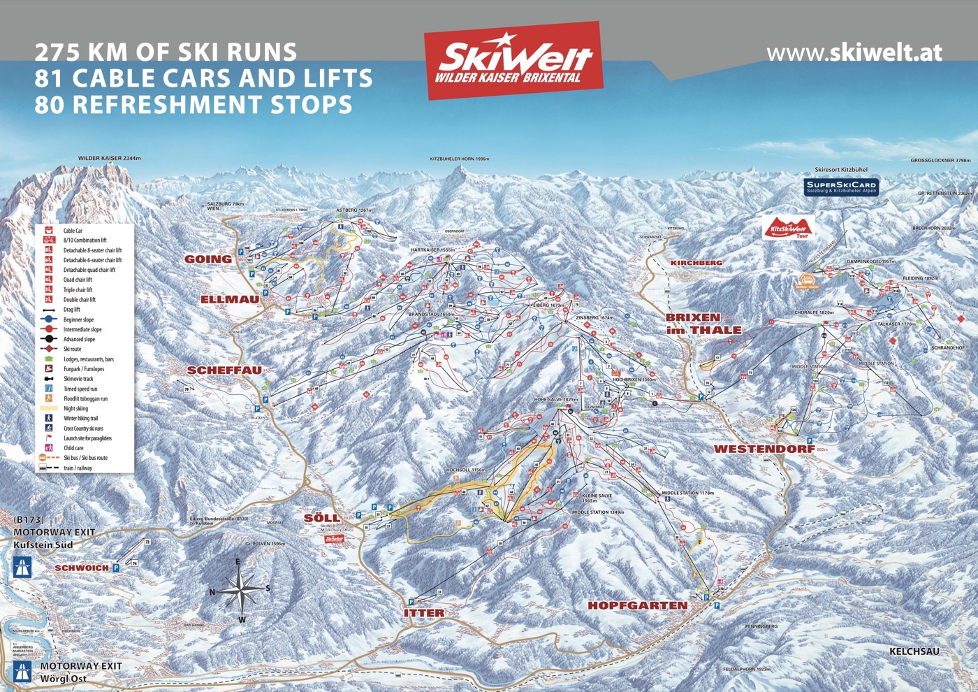 Official piste map for SkiWelt Wilder Kaiser - Brixental, showing lifts, runs graded easy, intermediate and difficult, and mountain restaurants across the ski area.