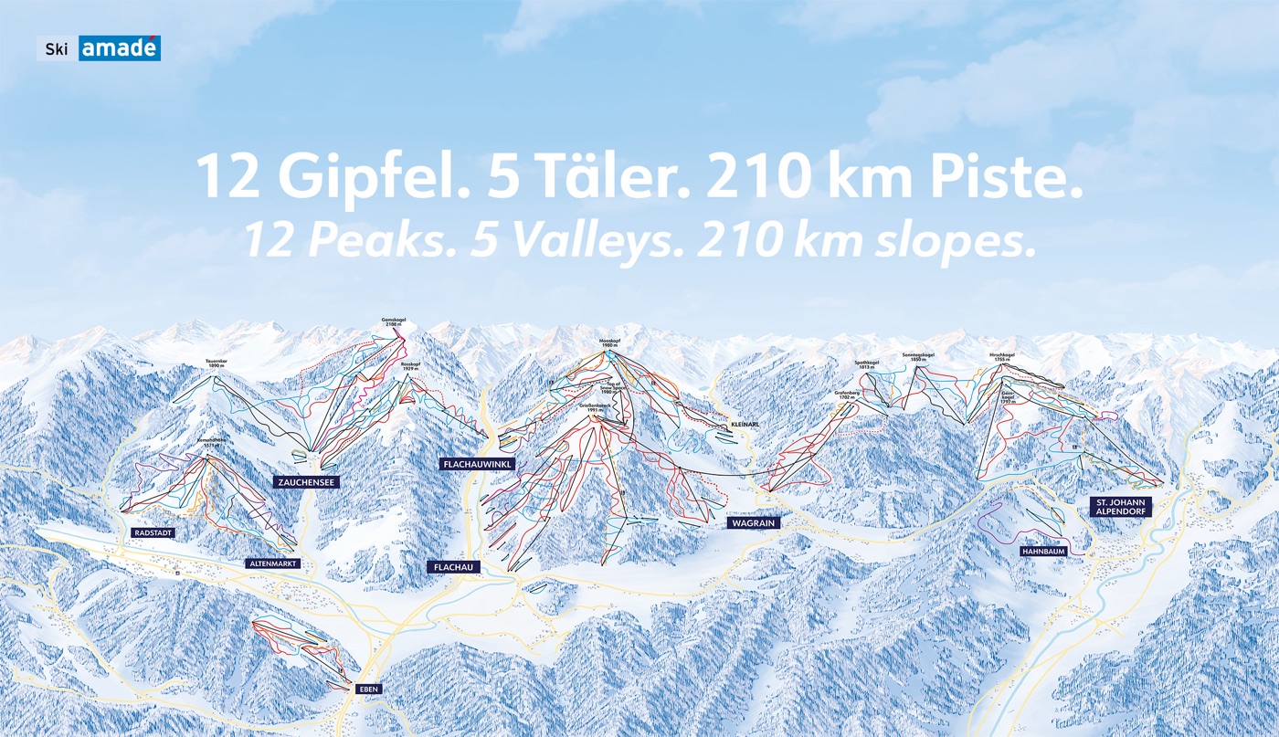 Official piste map for Snow Space Salzburg, showing lifts, runs graded easy, intermediate and difficult, and mountain restaurants across the ski area.