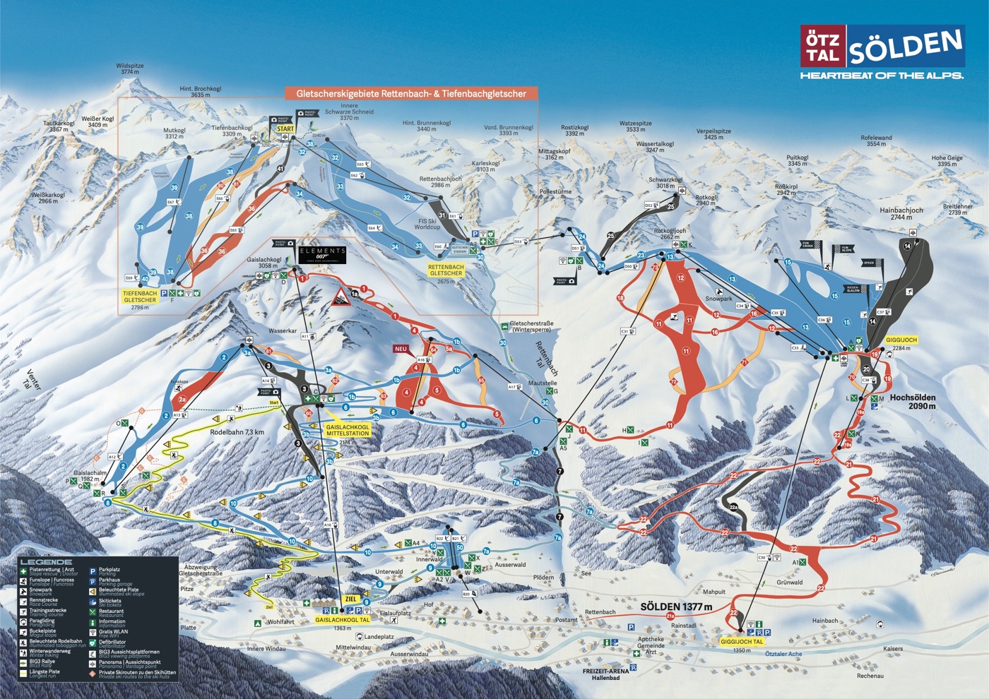 Official piste map for Sölden, showing lifts, runs graded easy, intermediate and difficult, and mountain restaurants across the ski area.