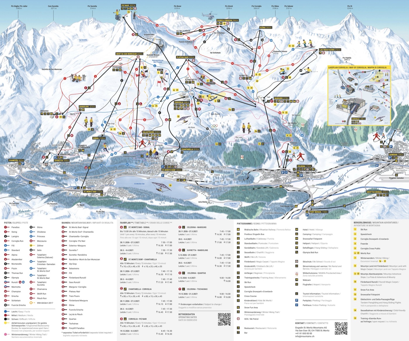 Official piste map for St. Moritz – Corviglia, showing lifts, runs graded easy, intermediate and difficult, and mountain restaurants across the ski area.