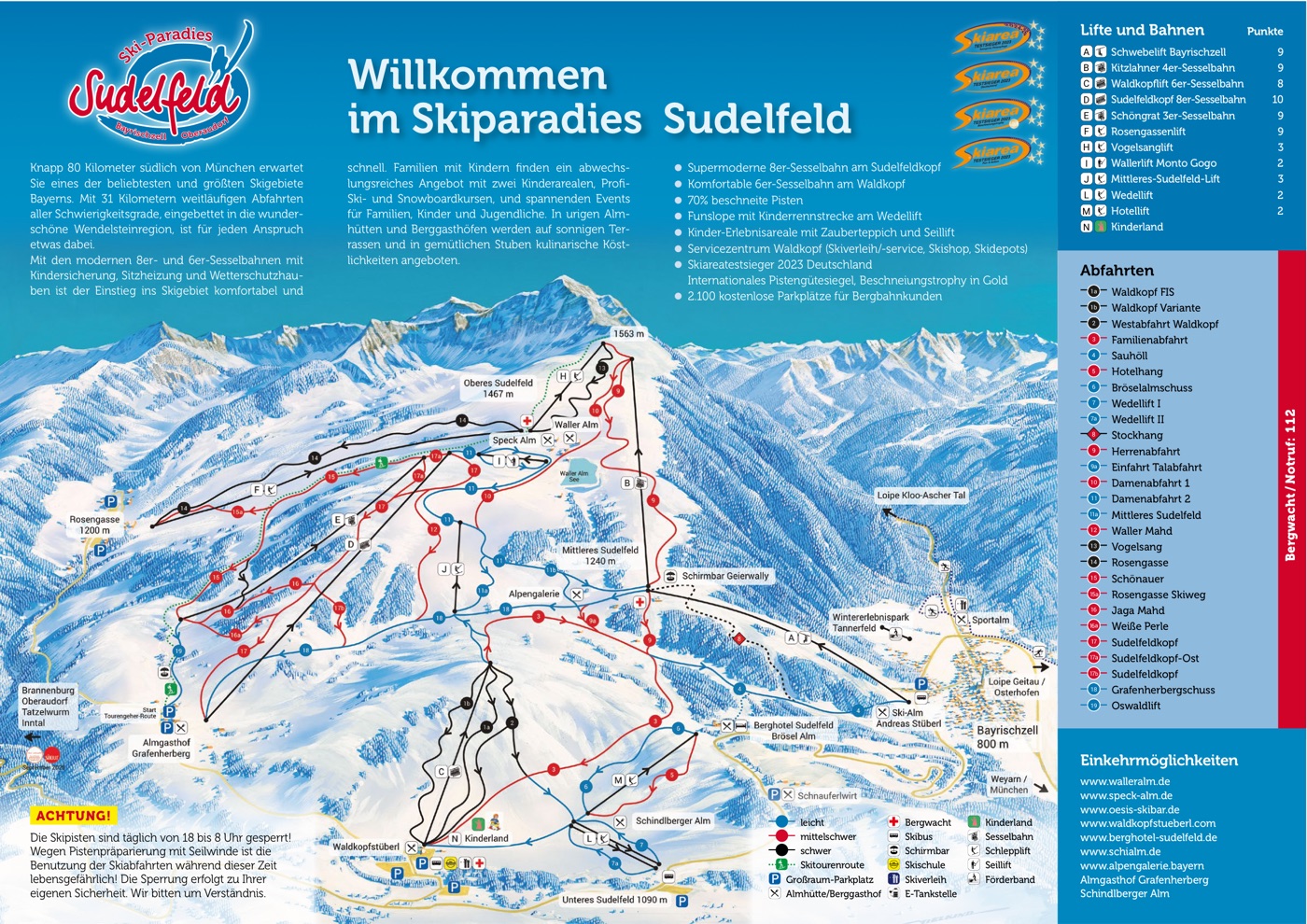 Official piste map for Sudelfeld, showing lifts, runs graded easy, intermediate and difficult, and mountain restaurants across the ski area.