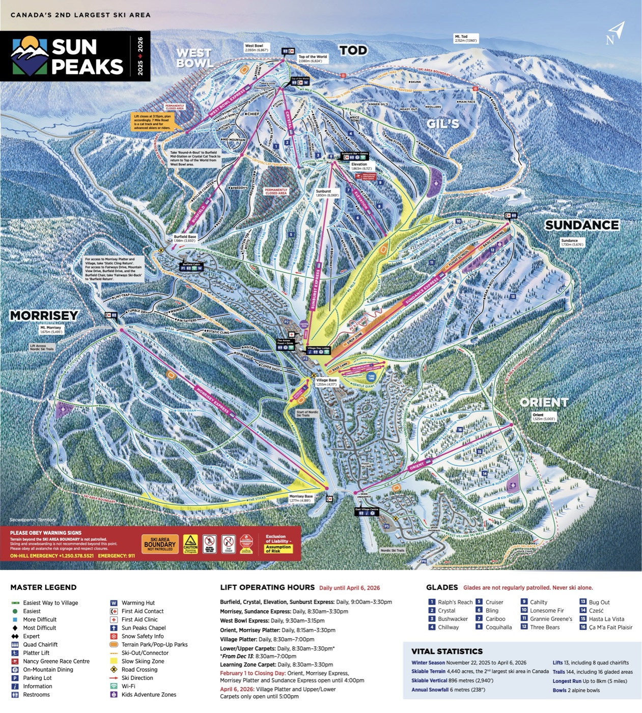 Official piste map for Sun Peaks, showing lifts, runs graded easy, intermediate and difficult, and mountain restaurants across the ski area.