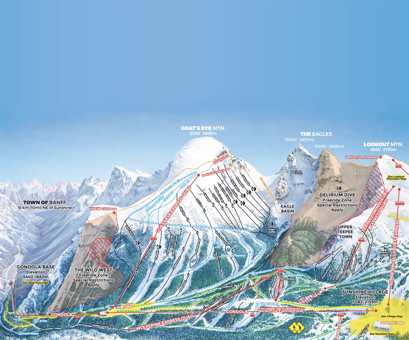 Official piste map for Banff Sunshine Village, Goat's Eye Mountain, showing lifts, runs graded easy, intermediate and difficult, and mountain restaurants across the ski area.