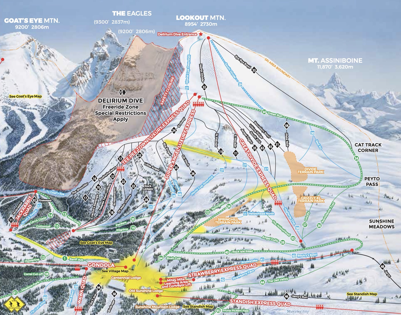 Official piste map for Banff Sunshine Village, Lookout Mountain, showing lifts, runs graded easy, intermediate and difficult, and mountain restaurants across the ski area.