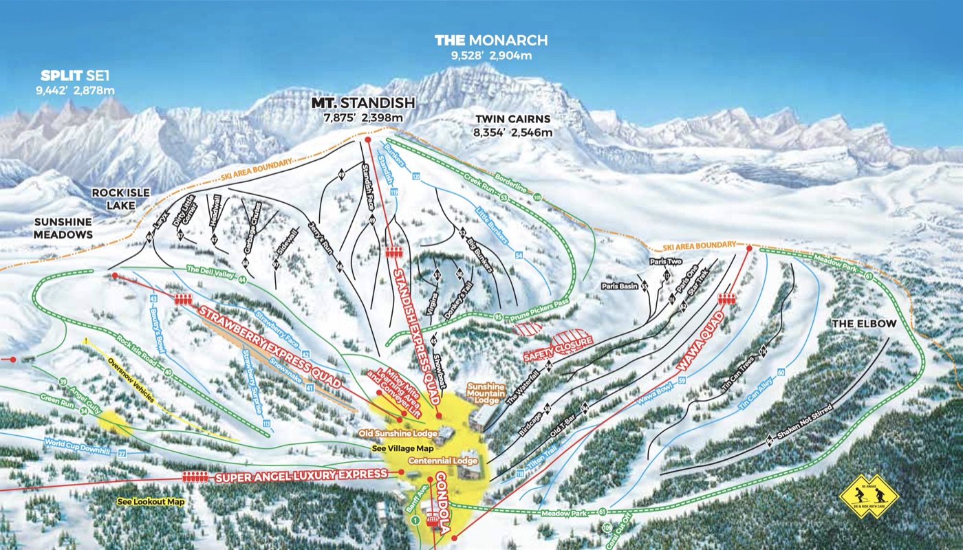 Official piste map for Banff Sunshine Village, Mount Standish, showing lifts, runs graded easy, intermediate and difficult, and mountain restaurants across the ski area.