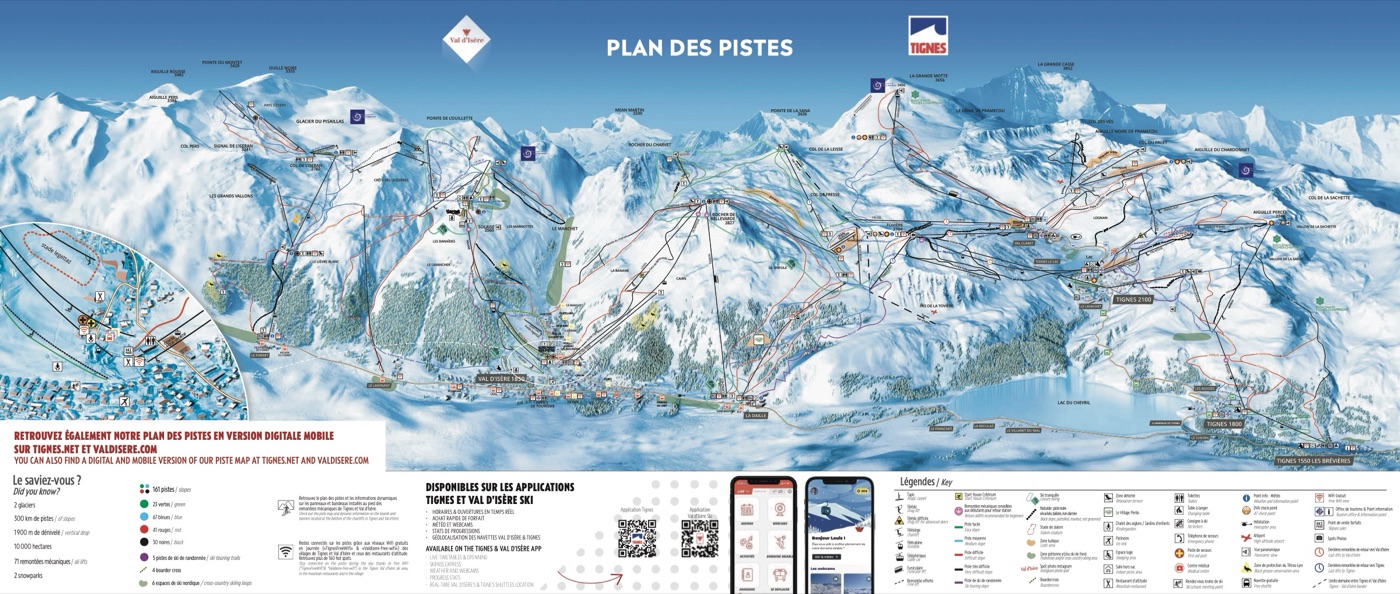 Official piste map for Tignes-Val d'Isère, showing lifts, runs graded easy, intermediate and difficult, and mountain restaurants across the ski area.