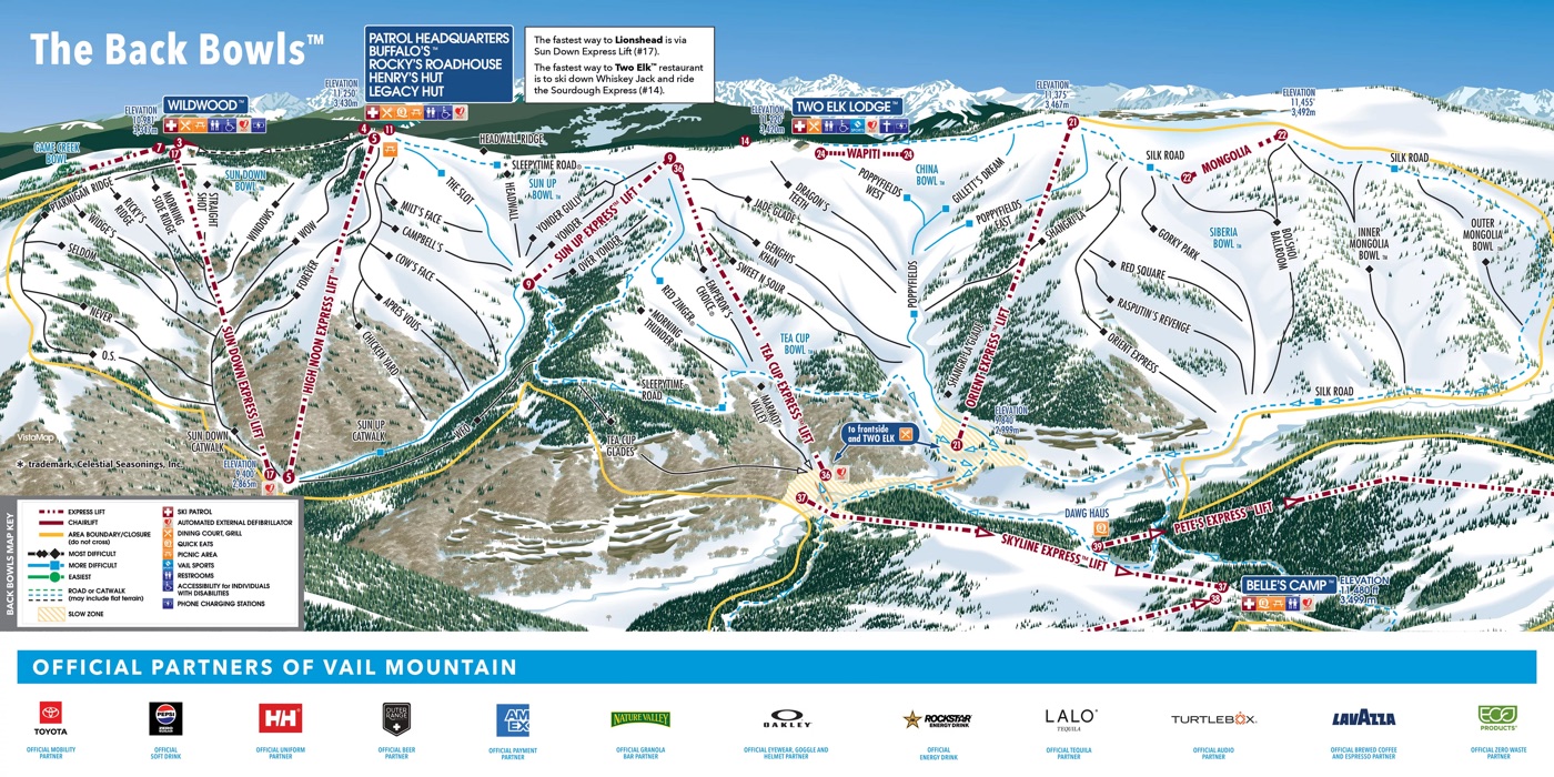 Official piste map for Vail, Back Bowls, showing lifts, runs graded easy, intermediate and difficult, and mountain restaurants across the ski area.