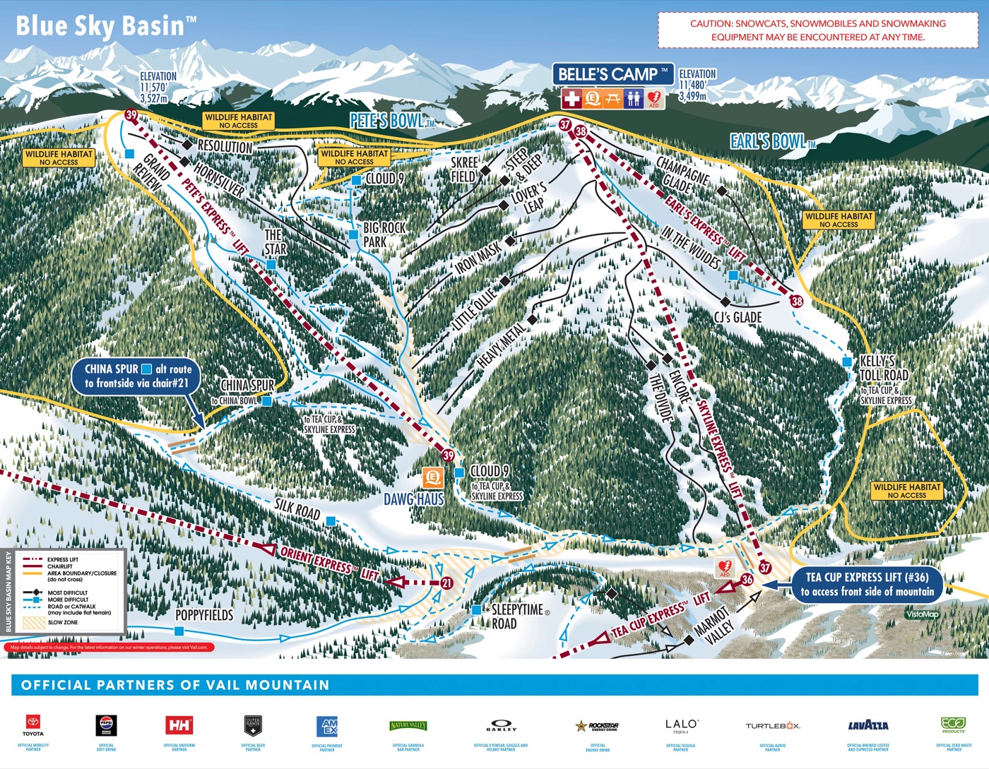 Official piste map for Vail, Blue Sky Basin, showing lifts, runs graded easy, intermediate and difficult, and mountain restaurants across the ski area.