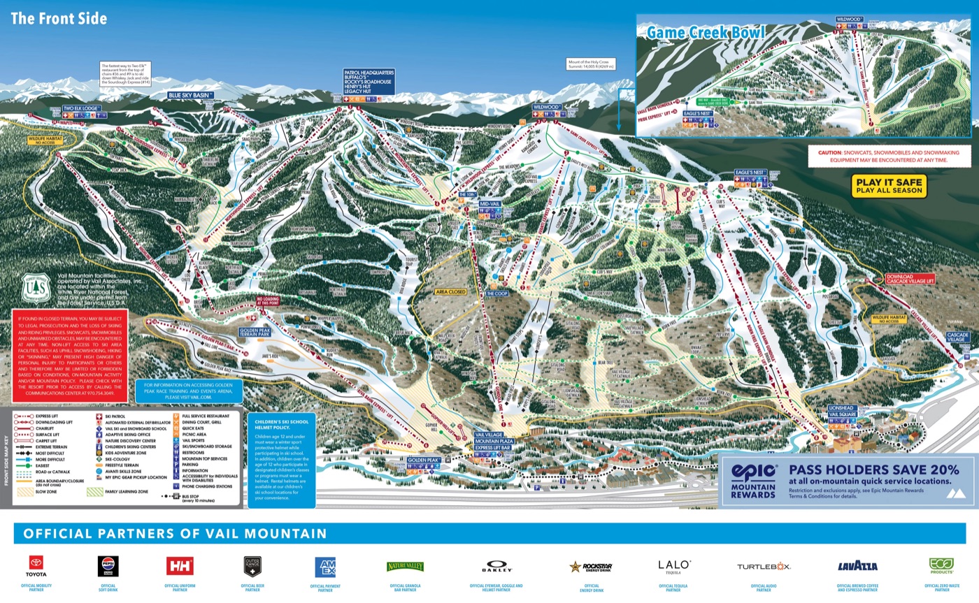 Official piste map for Vail, Front Side, showing lifts, runs graded easy, intermediate and difficult, and mountain restaurants across the ski area.