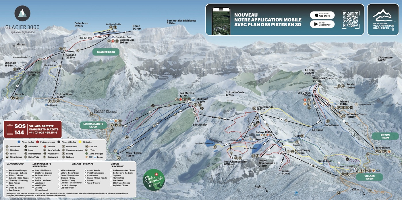 Official piste map for Villars-Gryon-Les Diablerets, showing lifts, runs graded easy, intermediate and difficult, and mountain restaurants across the ski area.