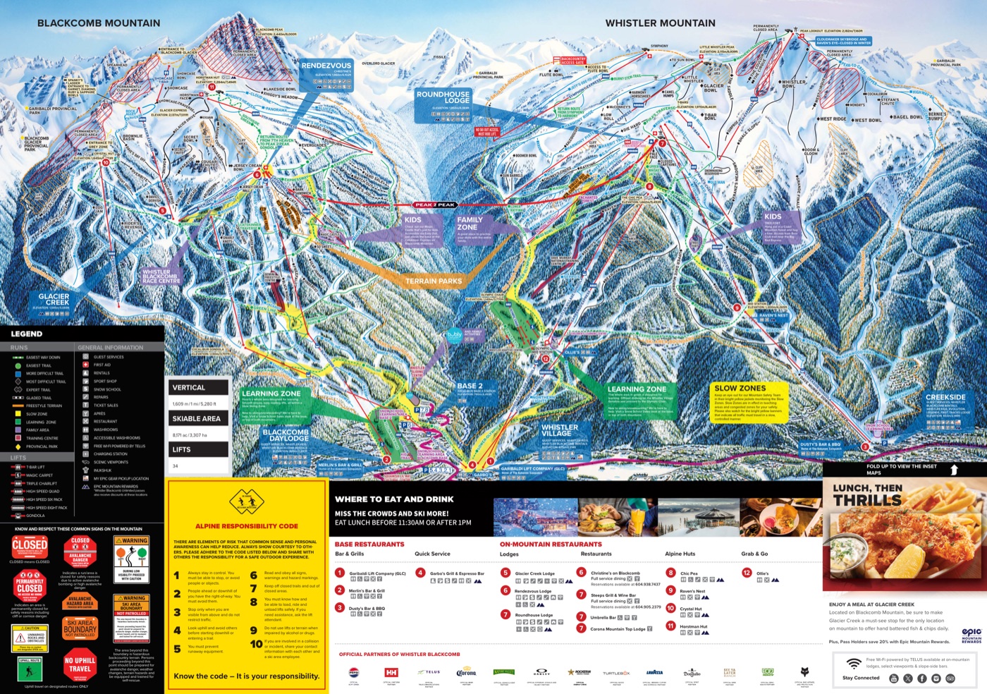 Official piste map for Whistler Blackcomb, showing lifts, runs graded easy, intermediate and difficult, and mountain restaurants across the ski area.