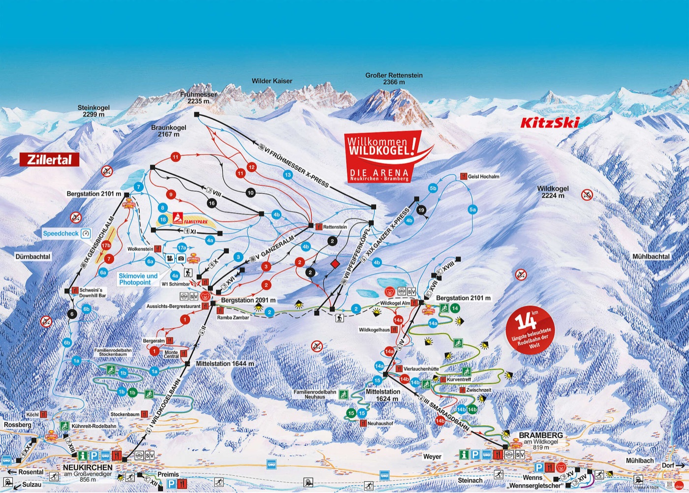 Official piste map for Wildkogel, showing lifts, runs graded easy, intermediate and difficult, and mountain restaurants across the ski area.