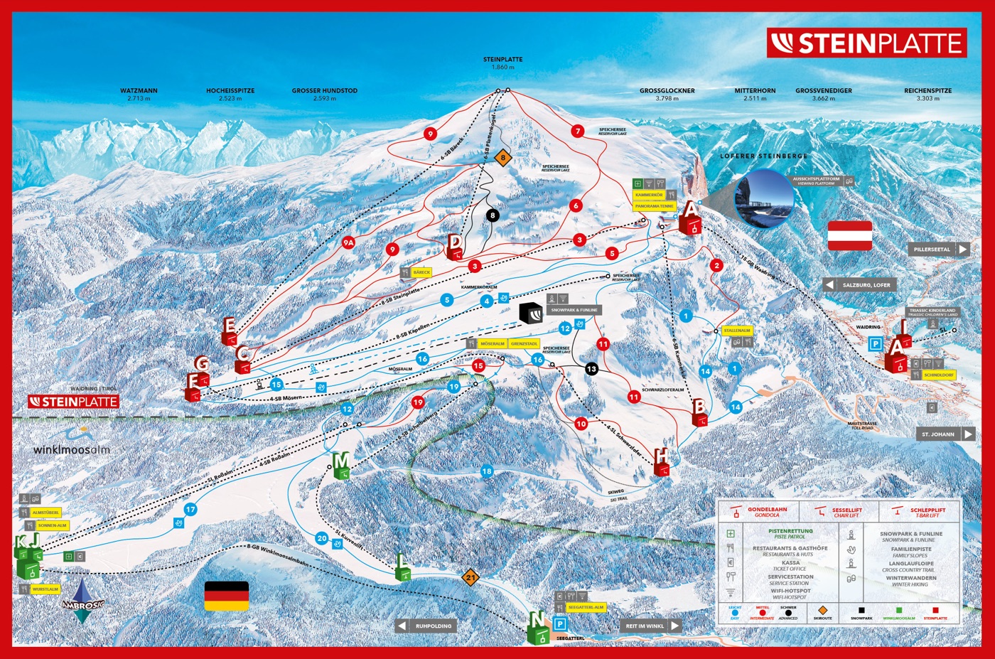 Official piste map for Winklmoosalm-Steinplatte, showing lifts, runs graded easy, intermediate and difficult, and mountain restaurants across the ski area.