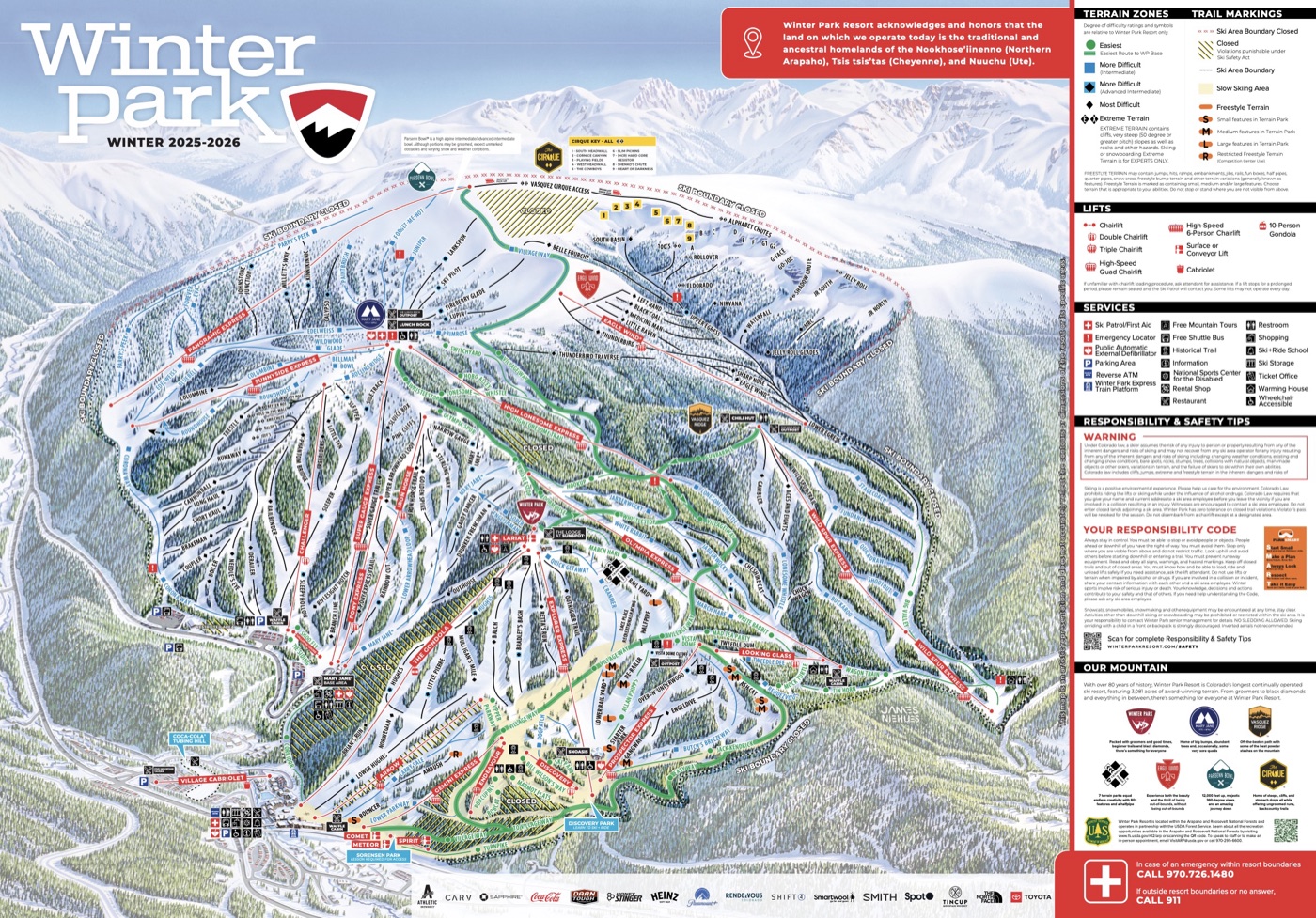 Official piste map for Winter Park, showing lifts, runs graded easy, intermediate and difficult, and mountain restaurants across the ski area.