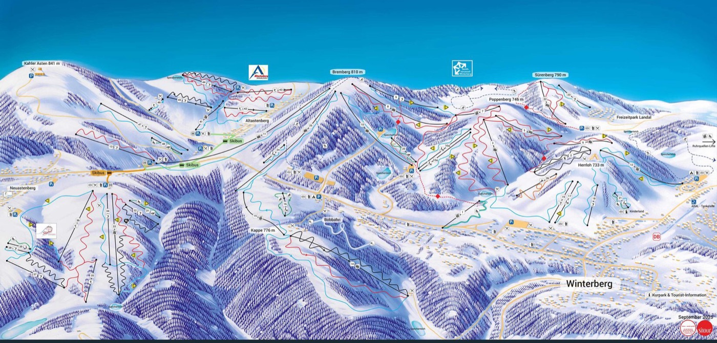Official piste map for Winterberg, showing lifts, runs graded easy, intermediate and difficult, and mountain restaurants across the ski area.