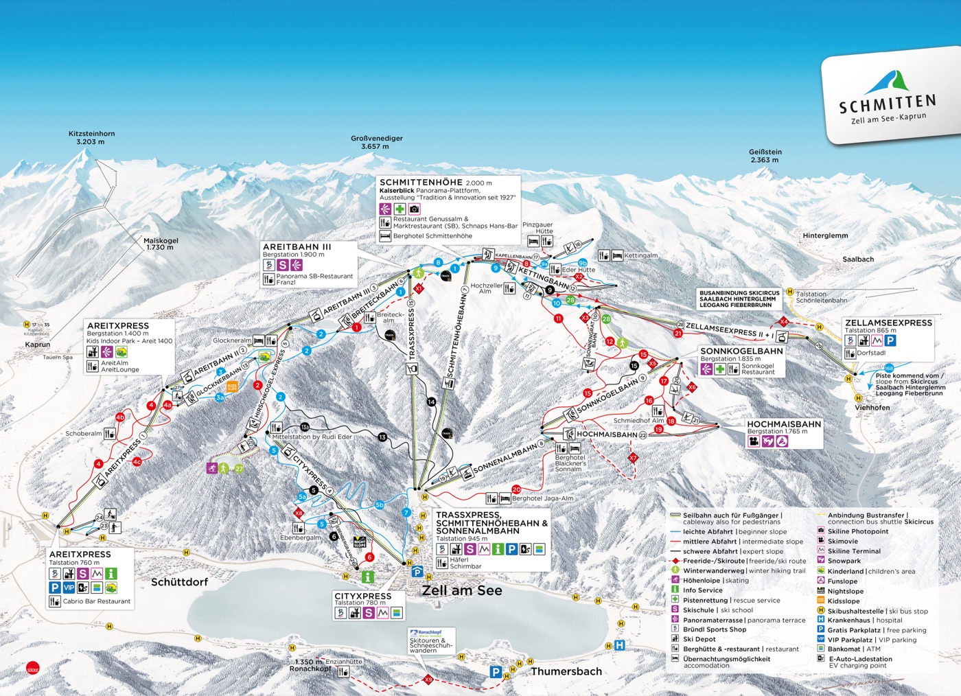 Official piste map for Zell am See, showing lifts, runs graded easy, intermediate and difficult, and mountain restaurants across the ski area.