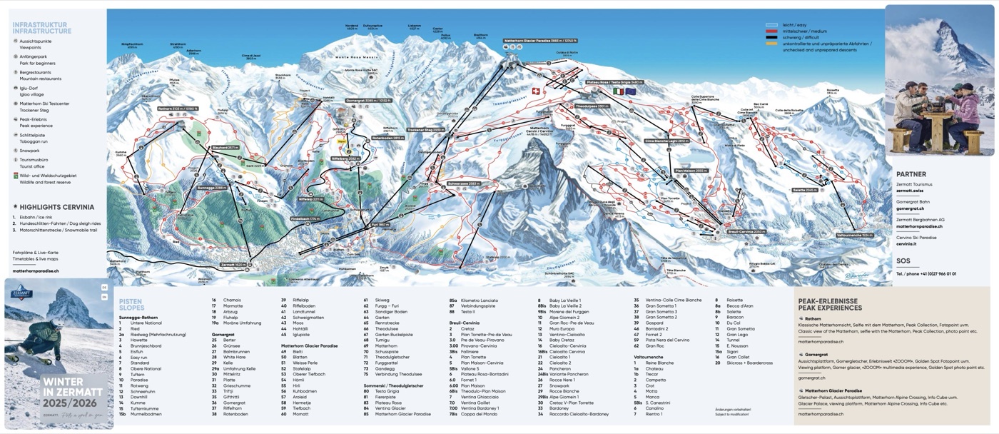 Official piste map for Zermatt, showing lifts, runs graded easy, intermediate and difficult, and mountain restaurants across the ski area.