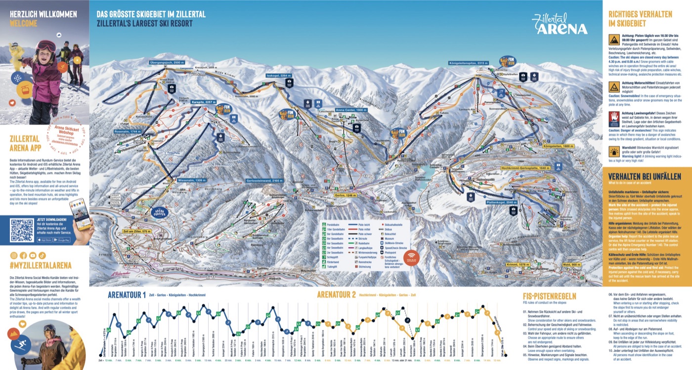 Official piste map for Zillertal Arena, showing lifts, runs graded easy, intermediate and difficult, and mountain restaurants across the ski area.