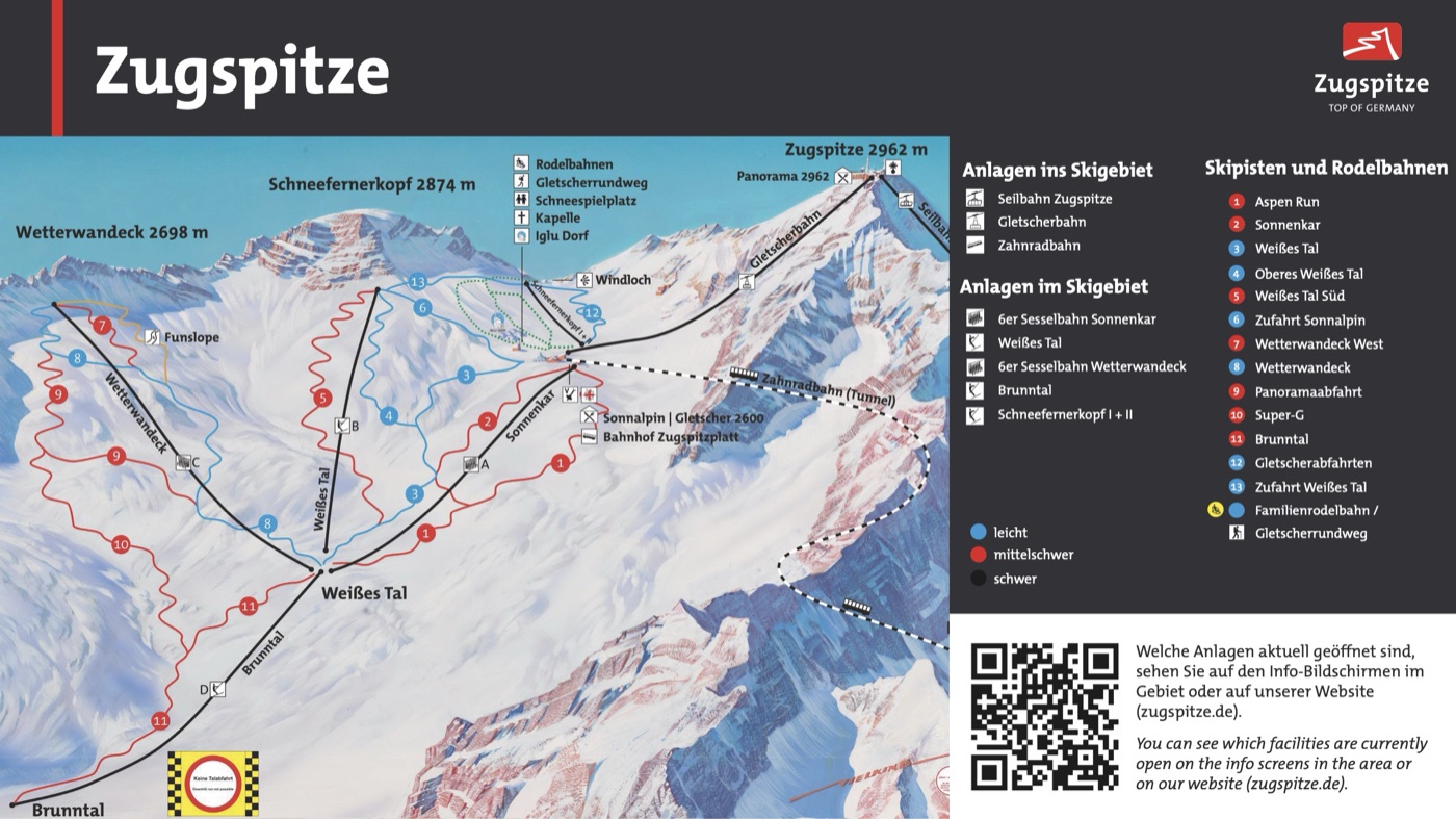 Official piste map for Zugspitze, showing lifts, runs graded easy, intermediate and difficult, and mountain restaurants across the ski area.